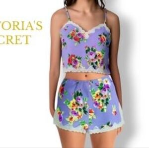 vicorias secret vintage lace silky cami shorts floral pajama set size medium